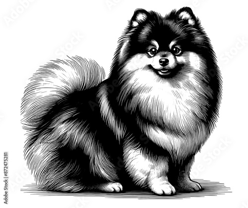 Hand drawn Cute Pomeranian dog in full-body, vector sketch isolated on white background.