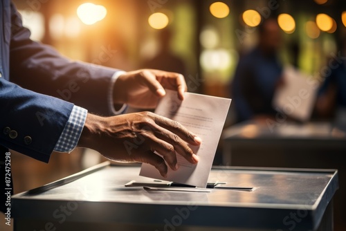 A man wearing a suit and tie casts his vote at a ballot box during an election. The background is blurred with people walking by. The image is well-lit and colorful