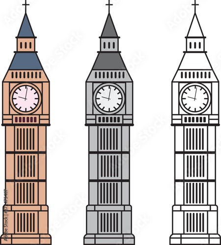 Set of three big ben with and without colors. Travel and tourism. London. big ben