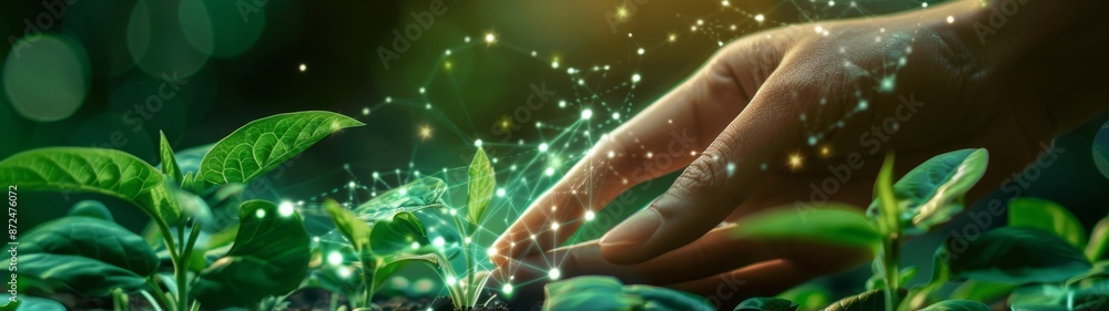 Close-up of hands touching digital graphs and green plants, representing the concept of sustainable business practices in an eco-friendly environment. Close-up of hands touching digital graphs and green plants, representing the concept of sustainable business practices in an eco-friendly environment.
