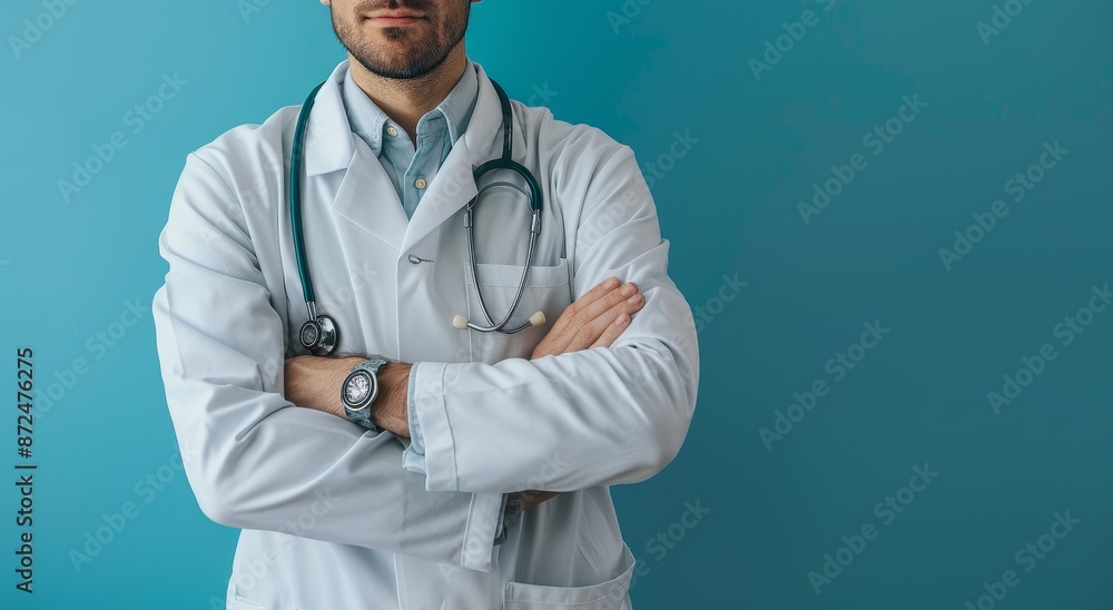 Portrait of a doctor with a stethoscope standing against a blue background, a closeup view of his arms crossed in a white coat Portrait of a doctor with a stethoscope standing against a blue background, a closeup view of his arms crossed in a white coat