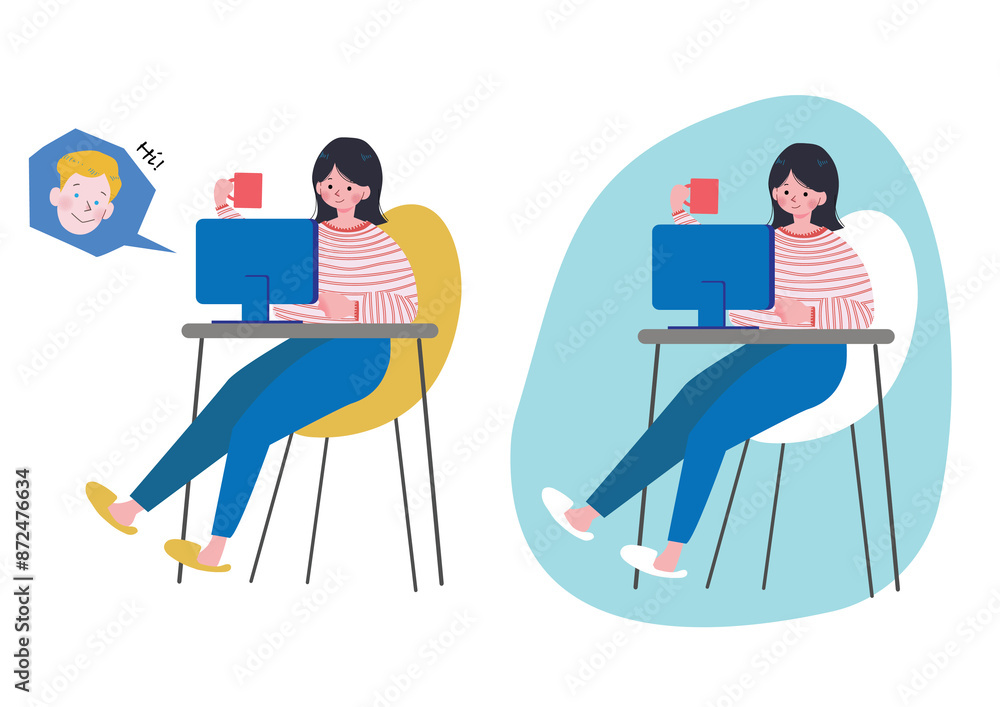 椅子に座り机の上のパソコンで白人男性とオンライン英会話を受講する女の子のイラスト 全身 椅子に座り机の上のパソコンで白人男性とオンライン英会話を受講する女の子のイラスト 全身