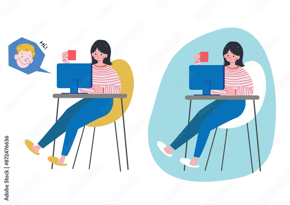 椅子に座り机の上のパソコンで白人男性とオンライン英会話を受講する女の子のイラスト 全身 椅子に座り机の上のパソコンで白人男性とオンライン英会話を受講する女の子のイラスト 全身