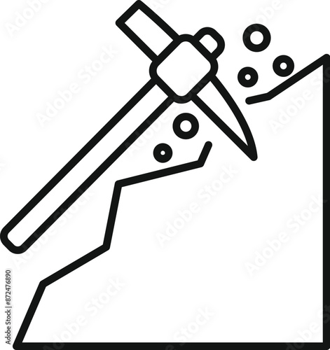 Line art icon of a pickaxe striking a mountain, representing the concept of mining