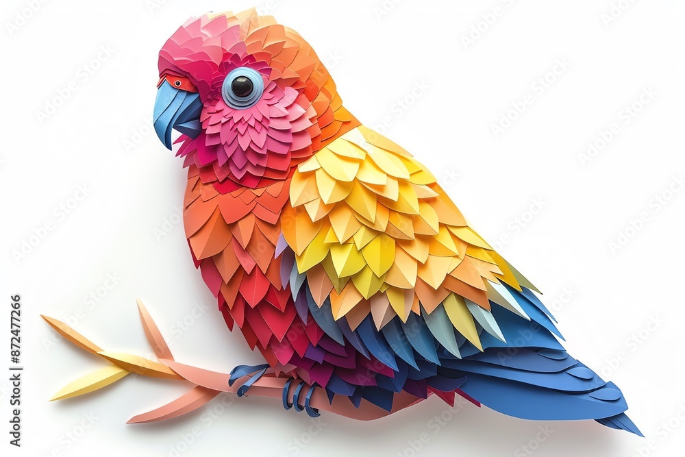 Obraz premium Vibrant paper art of a colorful parrot perched on a branch, showcasing intricate details and craftsmanship.