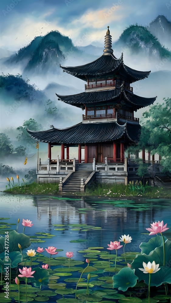 Fototapeta premium Tranquil Pagoda Amidst Misty Mountains