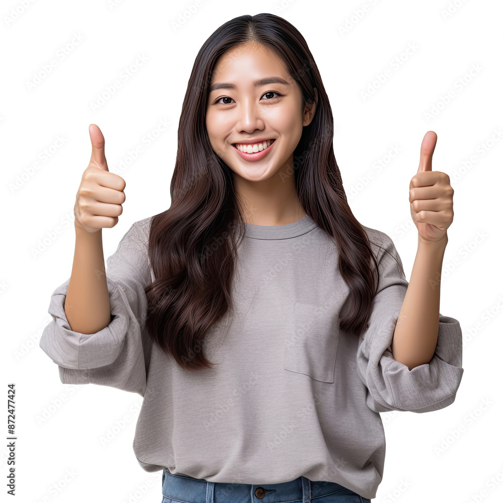Asian woman gives a thumbs up show appreciation and smiles brightly on a transparent background PNG Asian woman gives a thumbs up show appreciation and smiles brightly on a transparent background PNG