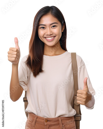 Asian woman gives a thumbs up and smiles brightly on a transparent background PNG