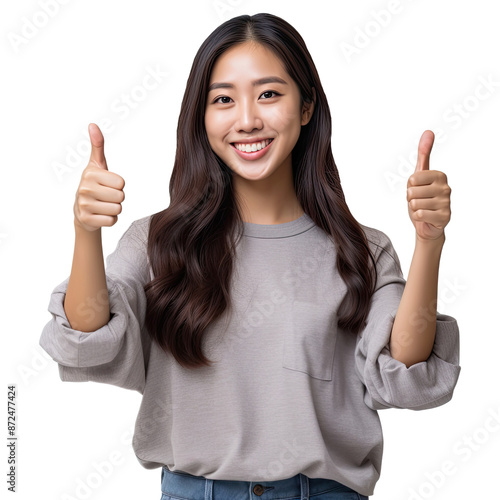 Asian woman gives a thumbs up show appreciation and smiles brightly on a transparent background PNG
