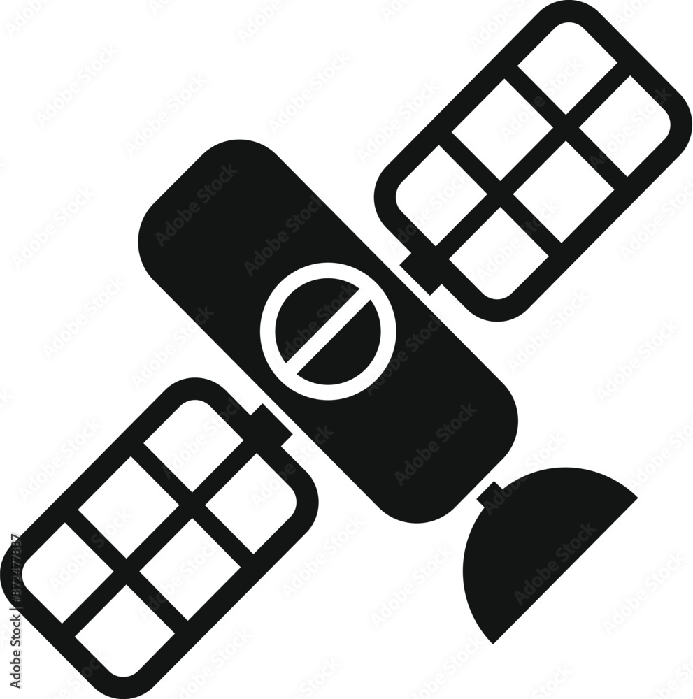 Simple black and white icon of a space satellite orbiting the earth and transmitting signals Simple black and white icon of a space satellite orbiting the earth and transmitting signals
