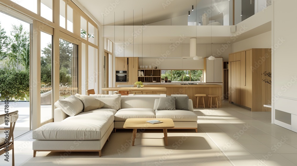 Spacious modern open plan living room and kitchen with light wood cabinets, white walls, and inviting ambiance. Spacious modern open plan living room and kitchen with light wood cabinets, white walls, and inviting ambiance.