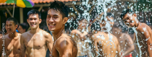 grup of handsome man shirtless in songkran festival