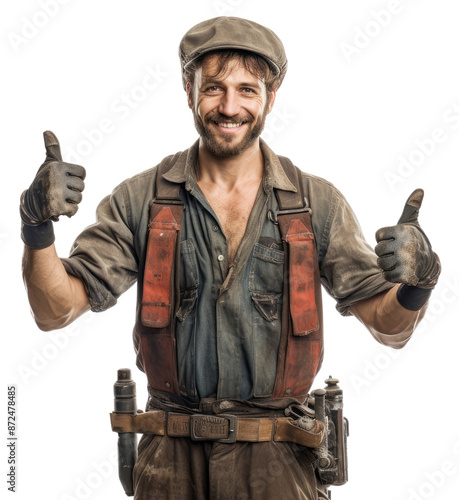 American mechanic gives a thumbs up show appreciation and smiles on a transparent background PNG