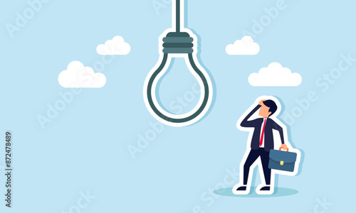 Business risks and challenges include mistakes, failures, bad ideas, self-sabotage, and pitfalls, concept of A doubtful businessman looks at a lightbulb idea, seeing it as a potential noose trap.