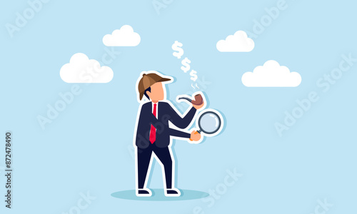Search for investment opportunities, analyze financial data, and discover earnings, concept of An anonymous, smart detective with a magnifying glass smokes a pipe emitting dollar sign smoke
