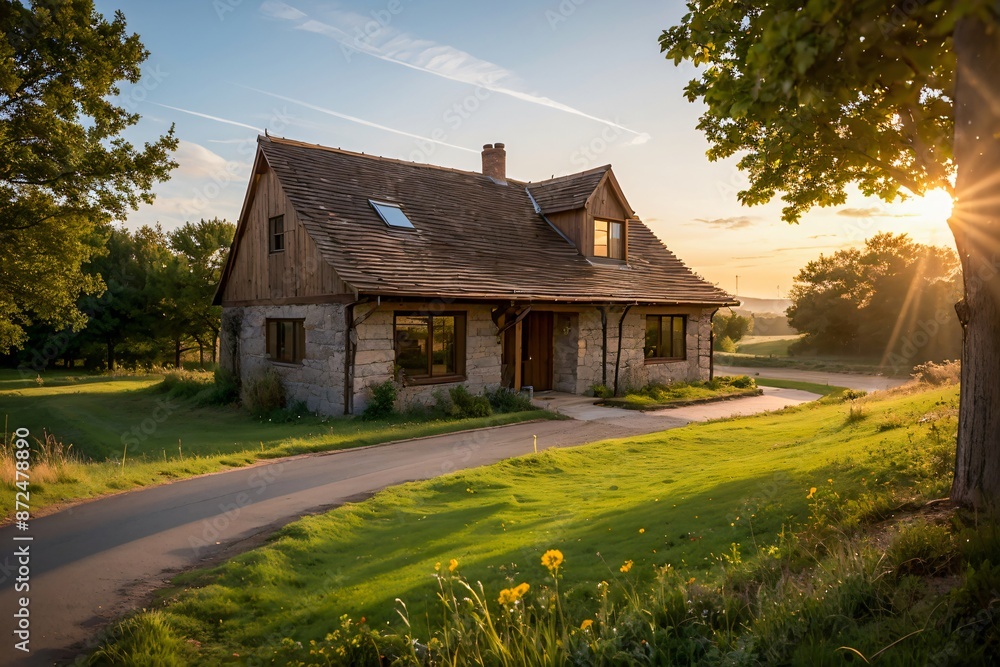 Fototapeta premium an old house surrounded by trees, with warm sunset light illuminating the rural landscape