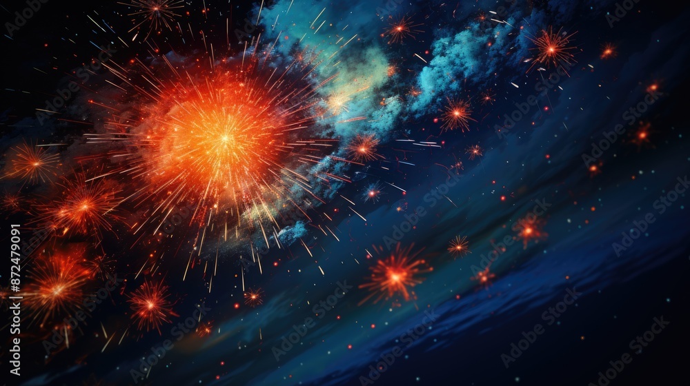 fireworks are shown with a blue background and a picture of a fireworks display. fireworks are shown with a blue background and a picture of a fireworks display.