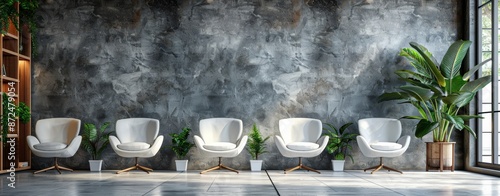 Wallpaper Mural A row of chic white chairs lines up against a sleek grey wall background, embodying the minimalist and contemporary trend in interior design. Torontodigital.ca