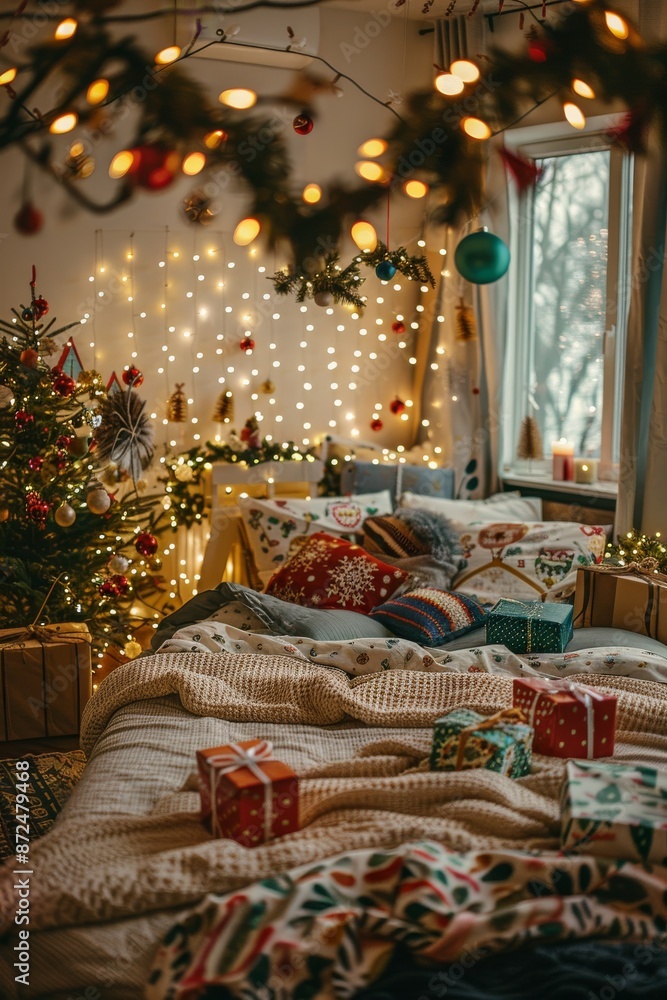 New Year's interior of the bedroom with Christmas tree, gifts and garlands New Year's interior of the bedroom with Christmas tree, gifts and garlands