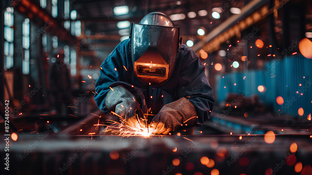Industrial welder at work with sparks flying in factory
Industrial welder at work with sparks flying in factory