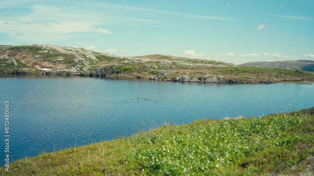 Tranquil Blue Lake Mountains With Ducks Floating During Daytime. Static Shot Tranquil Blue Lake Mountains With Ducks Floating During Daytime. Static Shot