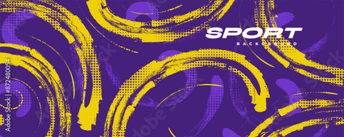 Abstract Sports Background with Purple and Yellow Brush Texture and Halftone Effect. Grunge Background for Banner or Poster Design