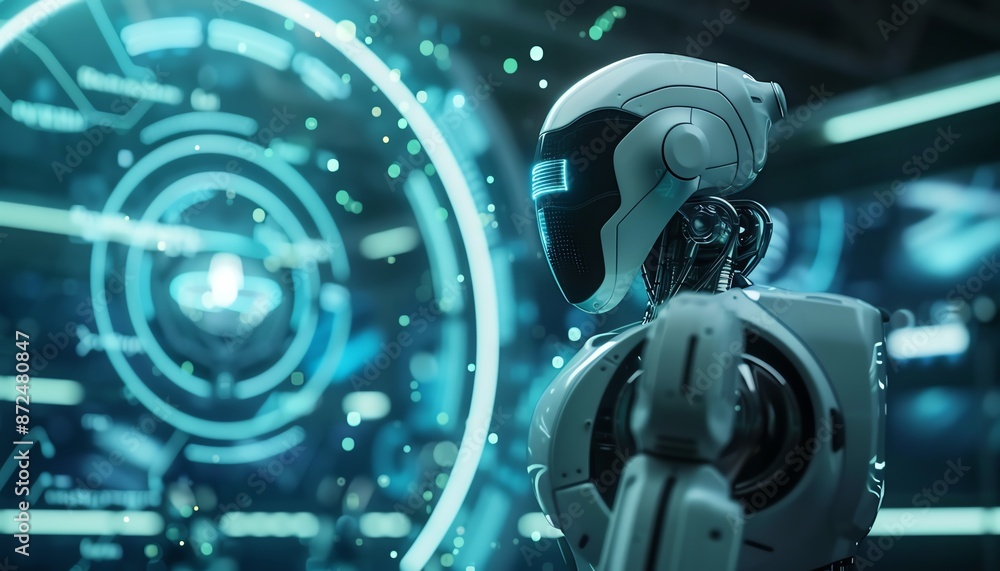 Industrial robots, holographic operational control, modern factory, sleek automation Industrial robots, holographic operational control, modern factory, sleek automation