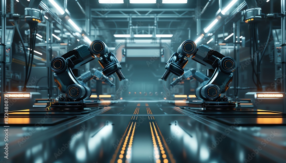 Obraz premium Industrial robots, holographic operational control, modern factory, sleek automation