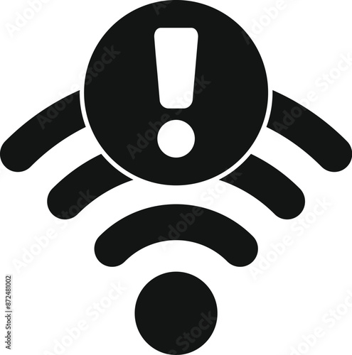 Black and white icon of a wifi symbol showing a warning