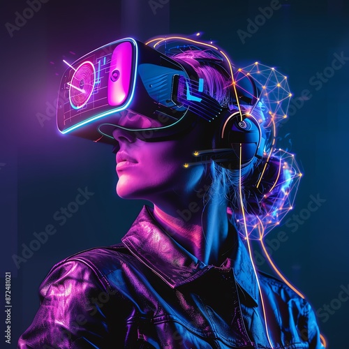 Immersive VR, holographic experiences, futuristic interaction, neon accents photo