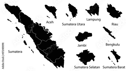 Sumatera map silhouette, it's detailed. complete with boundaries and provinces: Sumatera Utara, Aceh, Lampung, Riau, Jambi, Bengkulu, Sumatera Selatan, Sumatera Barat