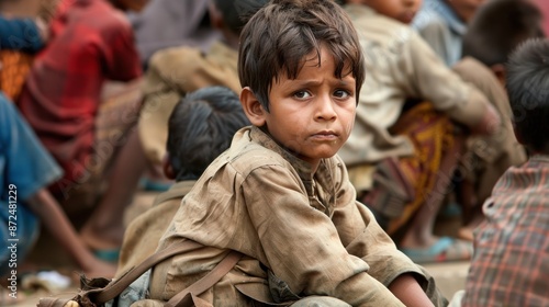 a disadvantaged child in a worn uniform, sitting in the back, dedicated to their education photo