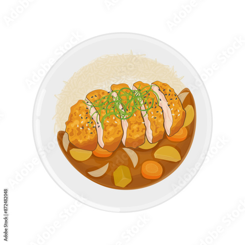 Vector illustration logo Clip art Top View Chicken Katsu Curry with rice