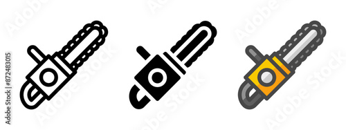 Multipurpose chainsaw vector icon in outline, glyph, filled outline style. Three icon style variants in one pack.