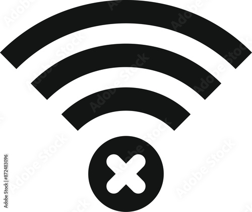 Black and white icon of a wifi signal with a cross, indicating no internet connection