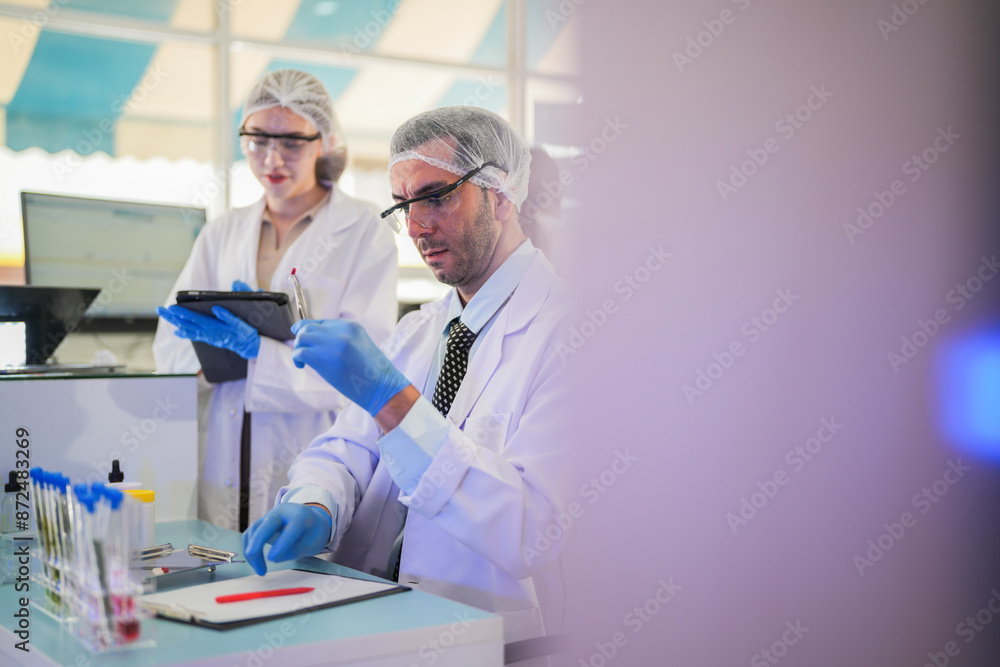 scientists perform experiments and record data. people arranges equipment with test tubes and chemicals for producing medicine and biochemistry. man hold tubes of chemical liquids and plant samples. scientists perform experiments and record data. people arranges equipment with test tubes and chemicals for producing medicine and biochemistry. man hold tubes of chemical liquids and plant samples.