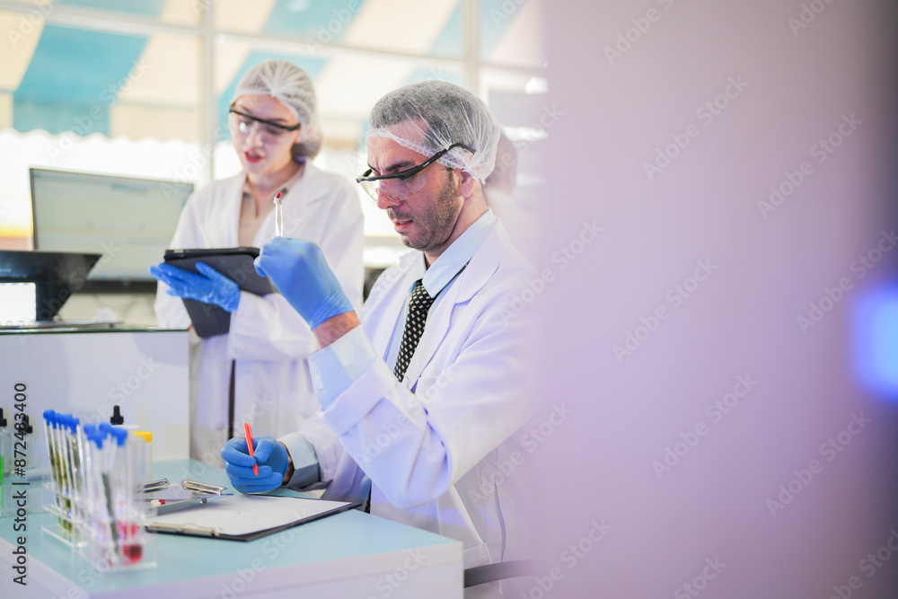 scientists perform experiments and record data. people arranges equipment with test tubes and chemicals for producing medicine and biochemistry. man hold tubes of chemical liquids and plant samples. scientists perform experiments and record data. people arranges equipment with test tubes and chemicals for producing medicine and biochemistry. man hold tubes of chemical liquids and plant samples.