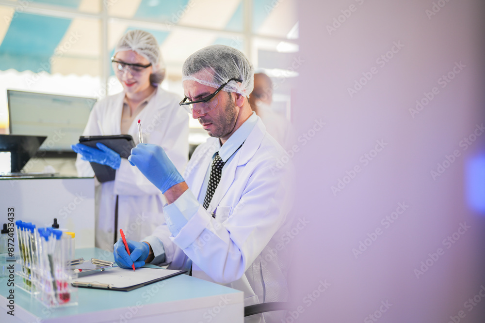 scientists perform experiments and record data. people arranges equipment with test tubes and chemicals for producing medicine and biochemistry. man hold tubes of chemical liquids and plant samples. scientists perform experiments and record data. people arranges equipment with test tubes and chemicals for producing medicine and biochemistry. man hold tubes of chemical liquids and plant samples.