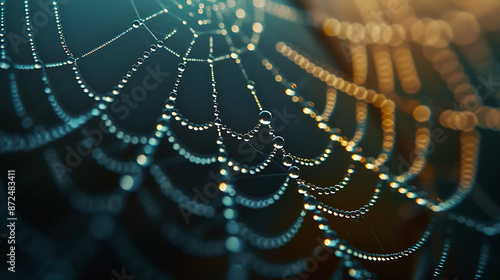 A spider web with many small beads of water on it