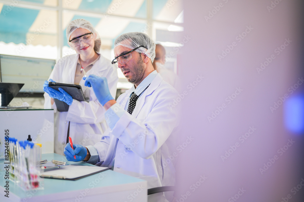 scientists perform experiments and record data. people arranges equipment with test tubes and chemicals for producing medicine and biochemistry. man hold tubes of chemical liquids and plant samples. scientists perform experiments and record data. people arranges equipment with test tubes and chemicals for producing medicine and biochemistry. man hold tubes of chemical liquids and plant samples.