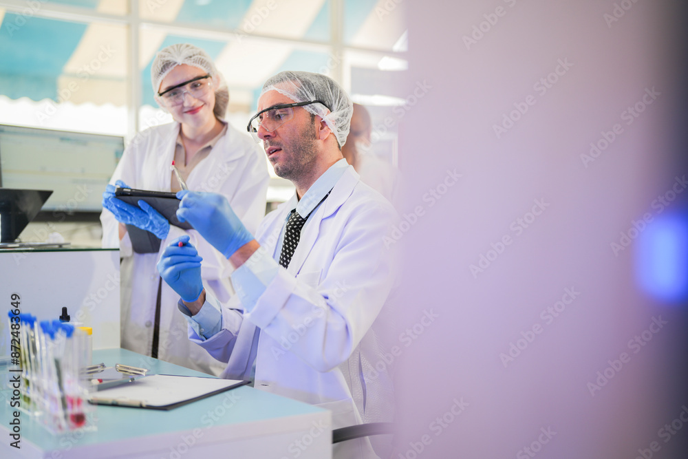 scientists perform experiments and record data. people arranges equipment with test tubes and chemicals for producing medicine and biochemistry. man hold tubes of chemical liquids and plant samples. scientists perform experiments and record data. people arranges equipment with test tubes and chemicals for producing medicine and biochemistry. man hold tubes of chemical liquids and plant samples.