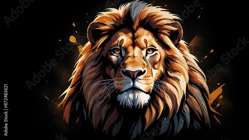 A stylized digital art portrait of a lion’s face with a dark background, notable for its vibrant colors and sharp contrasts that highlight the lion’s features  photo