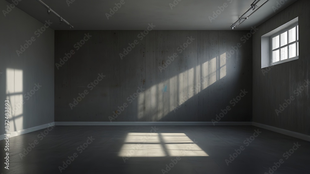 empty room with gray walls, a ceiling with track lighting, and a large window casting sunlight and shadows on the floor empty room with gray walls, a ceiling with track lighting, and a large window casting sunlight and shadows on the floor