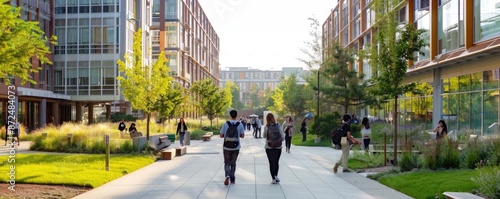 Students walking on a modern university campus on a sunny day with green landscapes, buildings, and pathways AIG59 photo