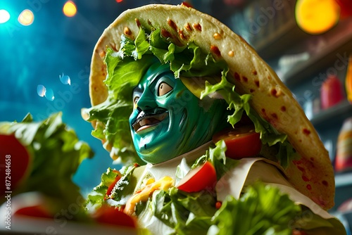 taco costume adorned with lettuce cheese sour cream and diced tomatoes evokes humor and culinary. photo