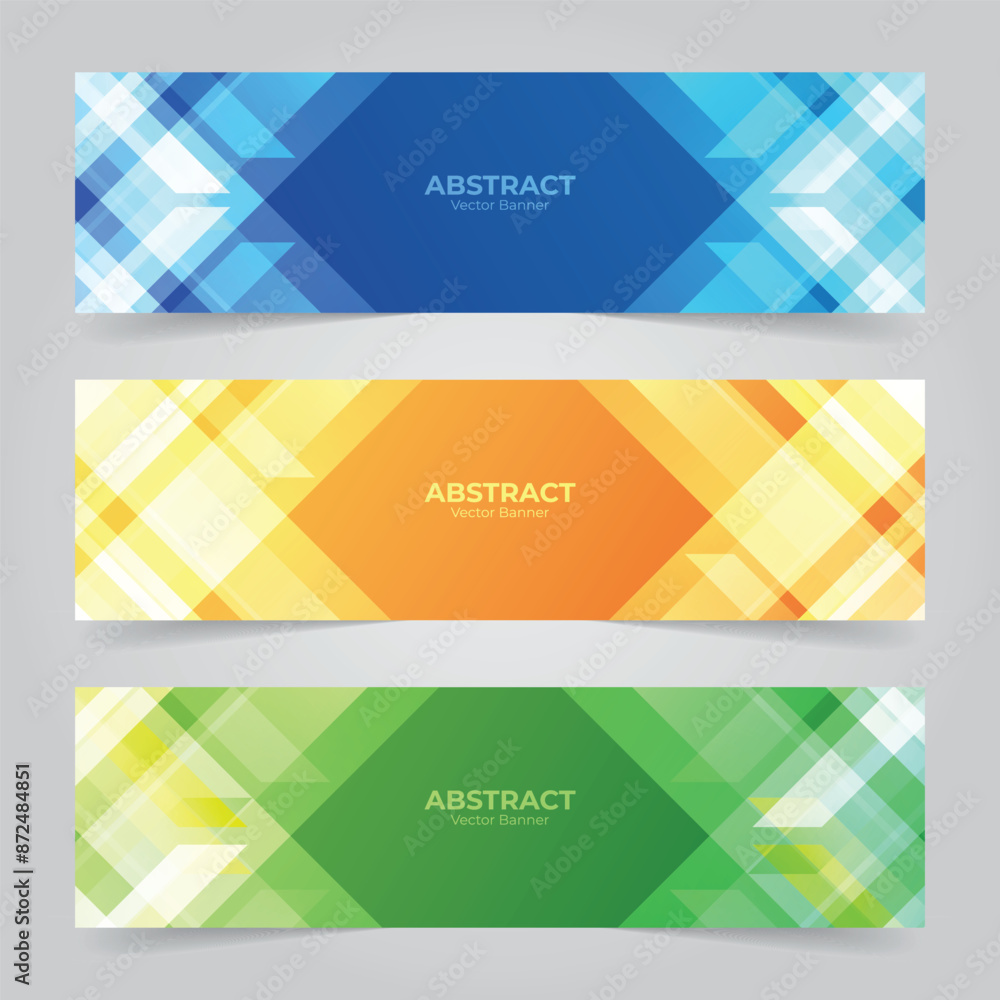 Fototapeta premium Abstract banner design web template Set, Horizontal header web banner. set of blue, yellow and green horizontal web banners of standard size with different geometric elements