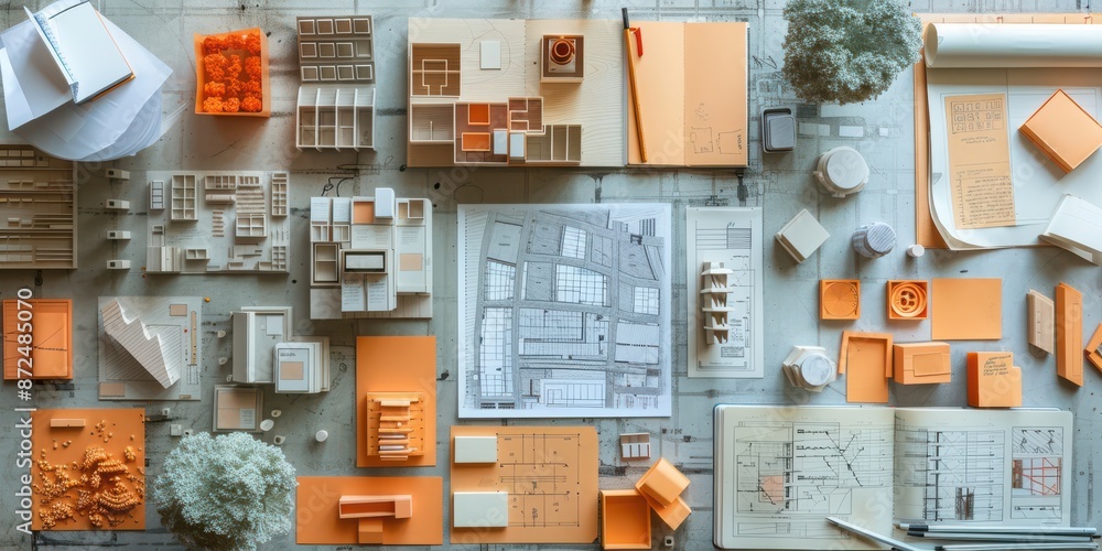 A table with drawings and models of buildings and a book with a pen on it A table with drawings and models of buildings and a book with a pen on it