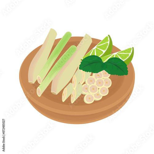 Vector illustration logo Clip art Fresh lemongrass on a wooden bowl