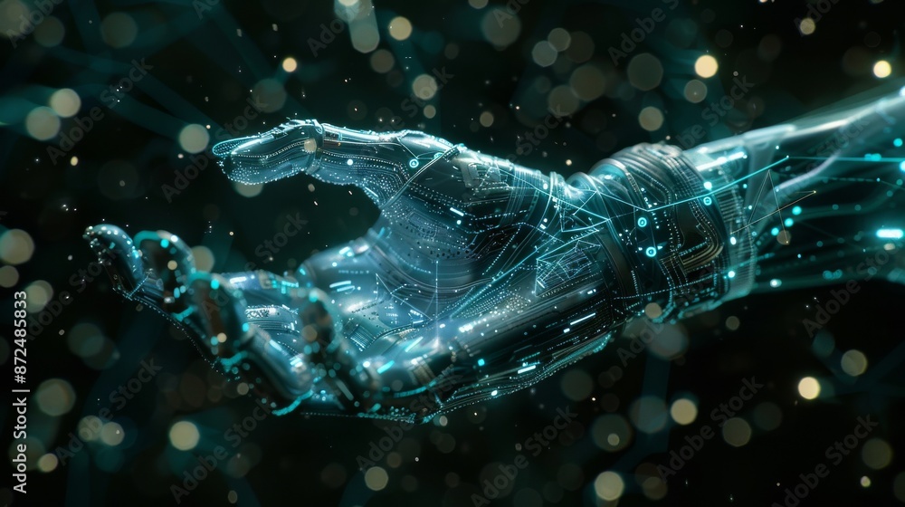 Close-up of a robotic hand reaching out, illuminated with digital lines and data particles on a black background Close-up of a robotic hand reaching out, illuminated with digital lines and data particles on a black background