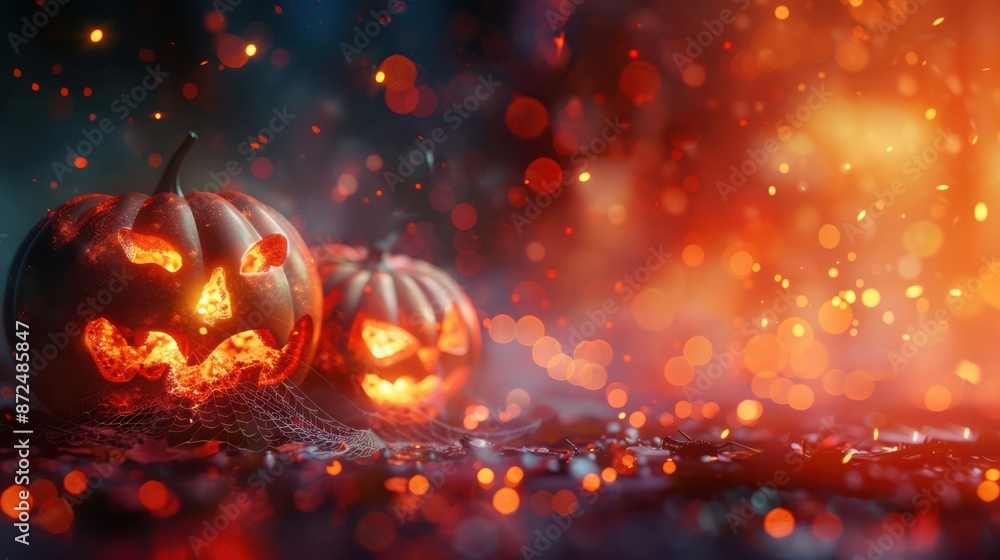 A Halloween scene with two pumpkins on the ground and a fire in the background A Halloween scene with two pumpkins on the ground and a fire in the background